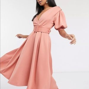 ASOS DESIGN ruched shoulder belted soft prom midi dress in pink